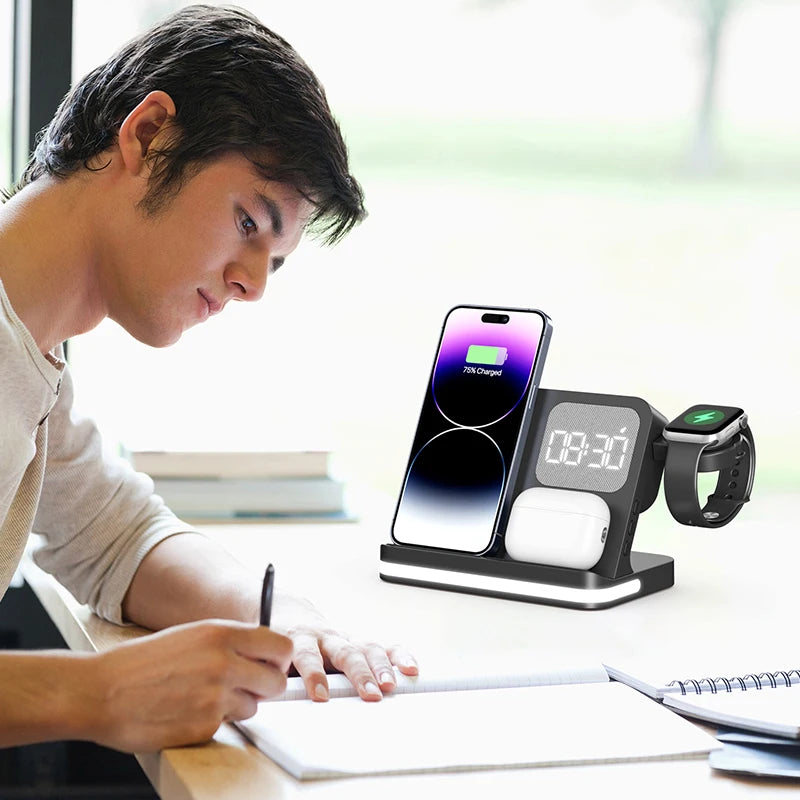 Mobile wireless charger, headphones, and watches can both be charged with clock function