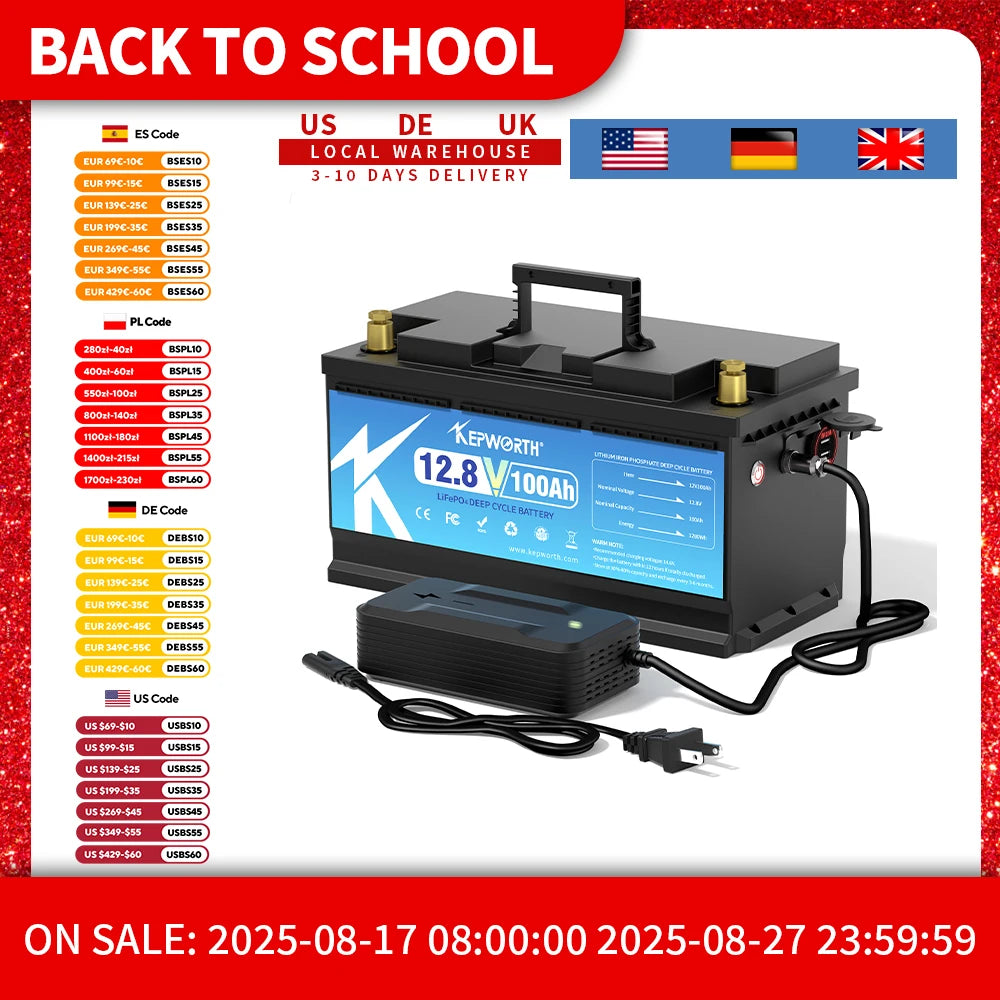 KEPWORTH 12V 100Ah LiFePO4 Battery Packs Grade A Cells Rechargeable For Outdoor / Home Storage Lithium Iron Phosphate Batteries