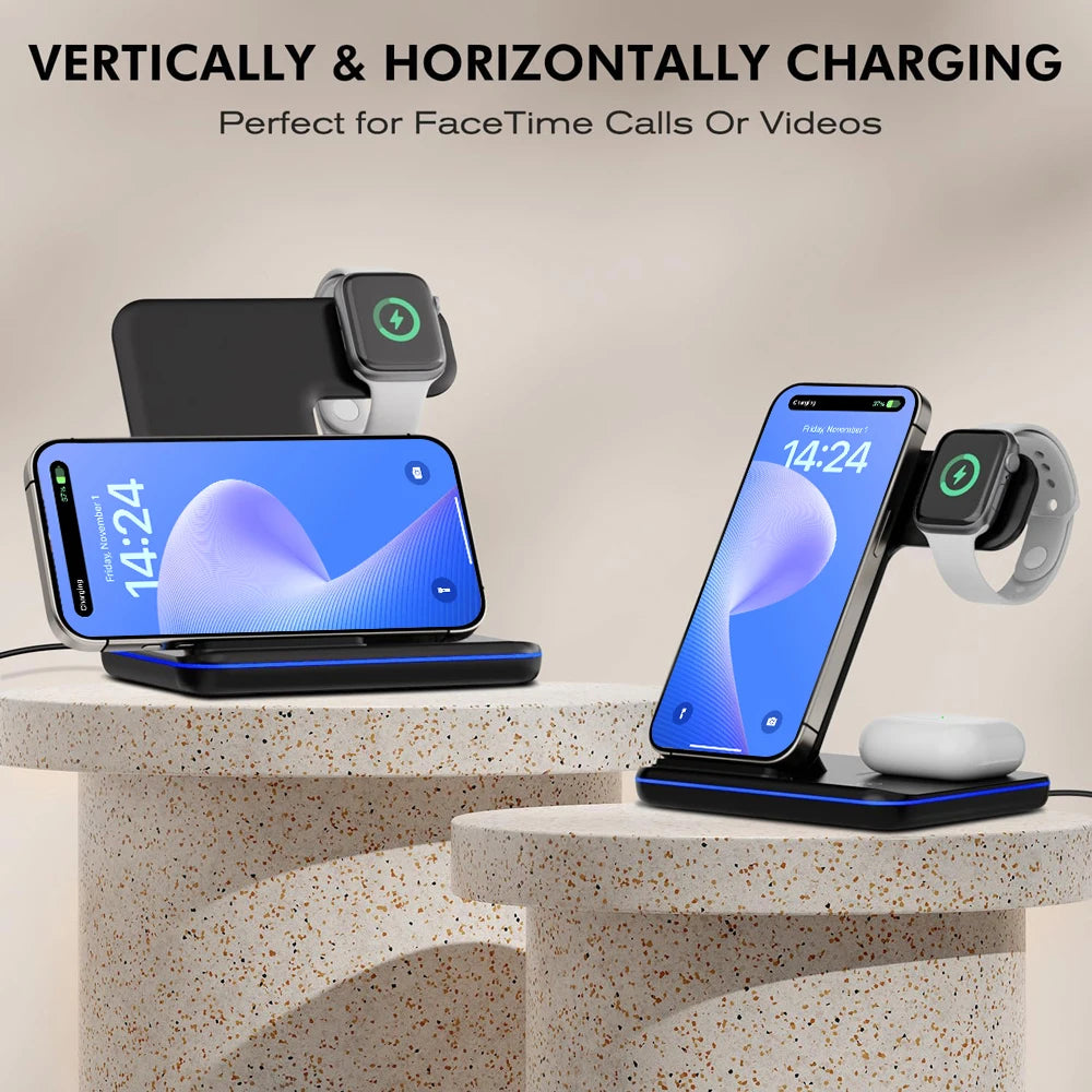 Wireless Charger Stand 3in1 Fast Charging With Led Lamp For iWatch 10 9 8 7 6 5 iPhone 16 15 14 13 12 11 X Airpods 4 3 Pro