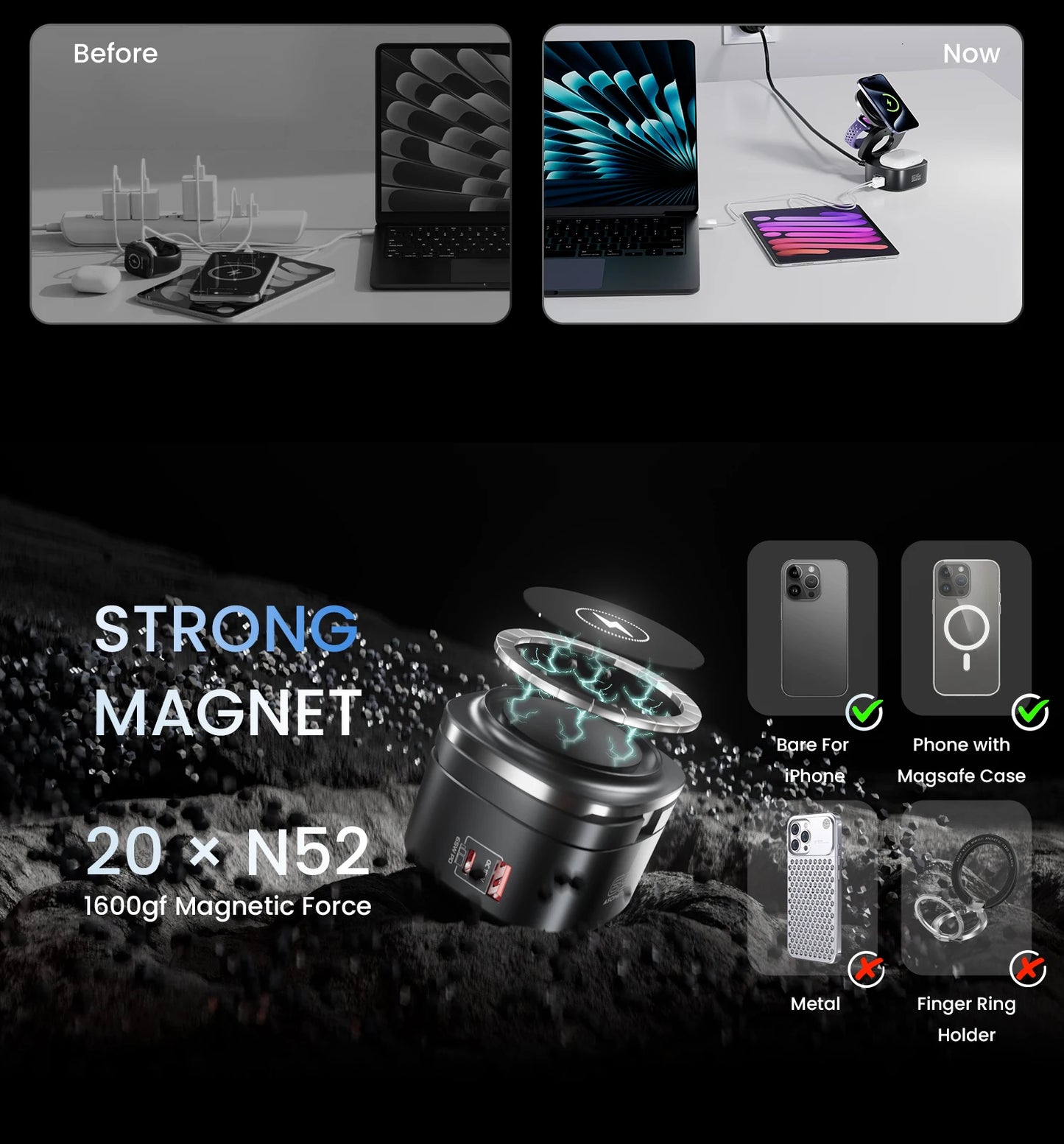 65W GaN USB Type C Wireless Charger Station 5 In 1 USB C PD3 0 QC3 0 For Mackook iPad iPhone 16 AirPods iWatch Wireless Charger