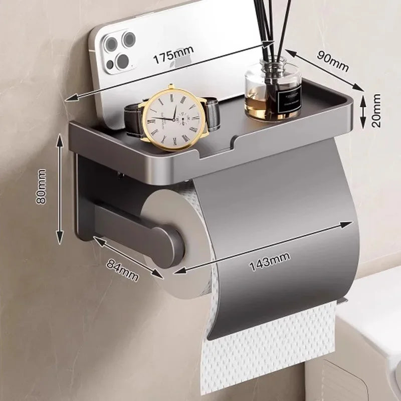 Aluminum Alloy Wall-Mounted Toilet Paper Holder with Shelf - Smallenterprised