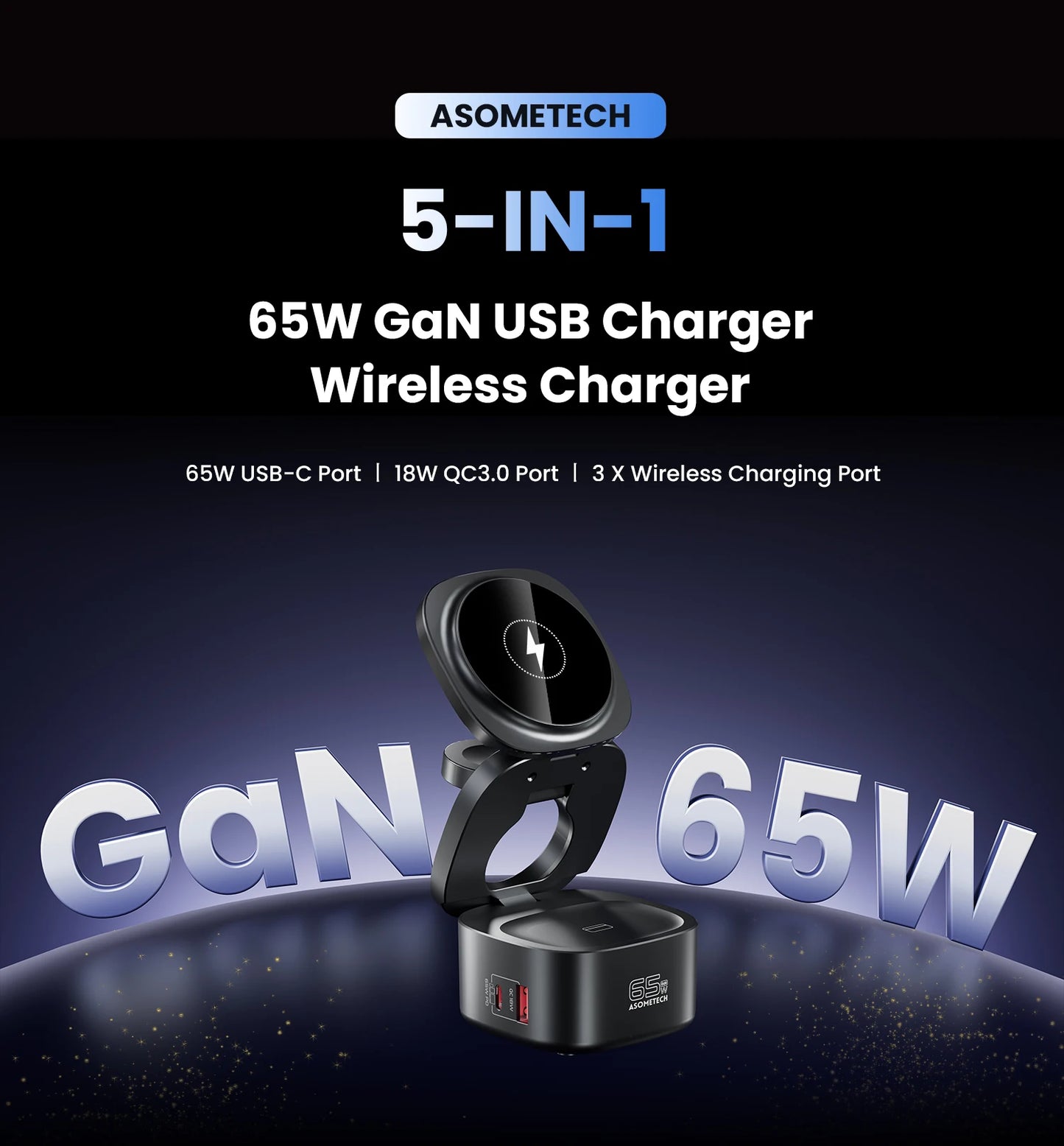 65W GaN USB Type C Wireless Charger Station 5 In 1 USB C PD3 0 QC3 0 For Mackook iPad iPhone 16 AirPods iWatch Wireless Charger