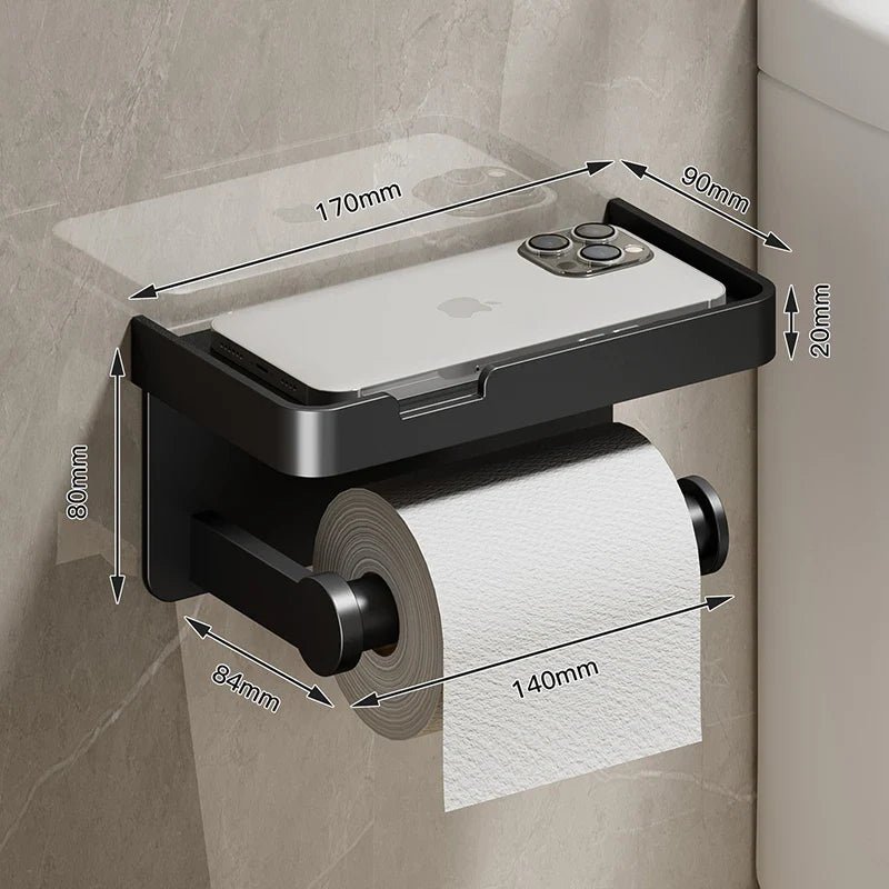 Aluminum Alloy Wall-Mounted Toilet Paper Holder with Shelf - Smallenterprised