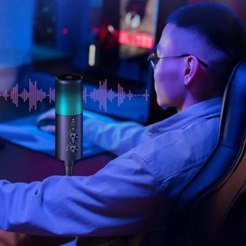Gaming USB Microphone,Noise Cancellation Condenser mic,RGB Microphone with Mute,Gain,Monitoring,Boom Arm,Pop Filter for Phone,PC