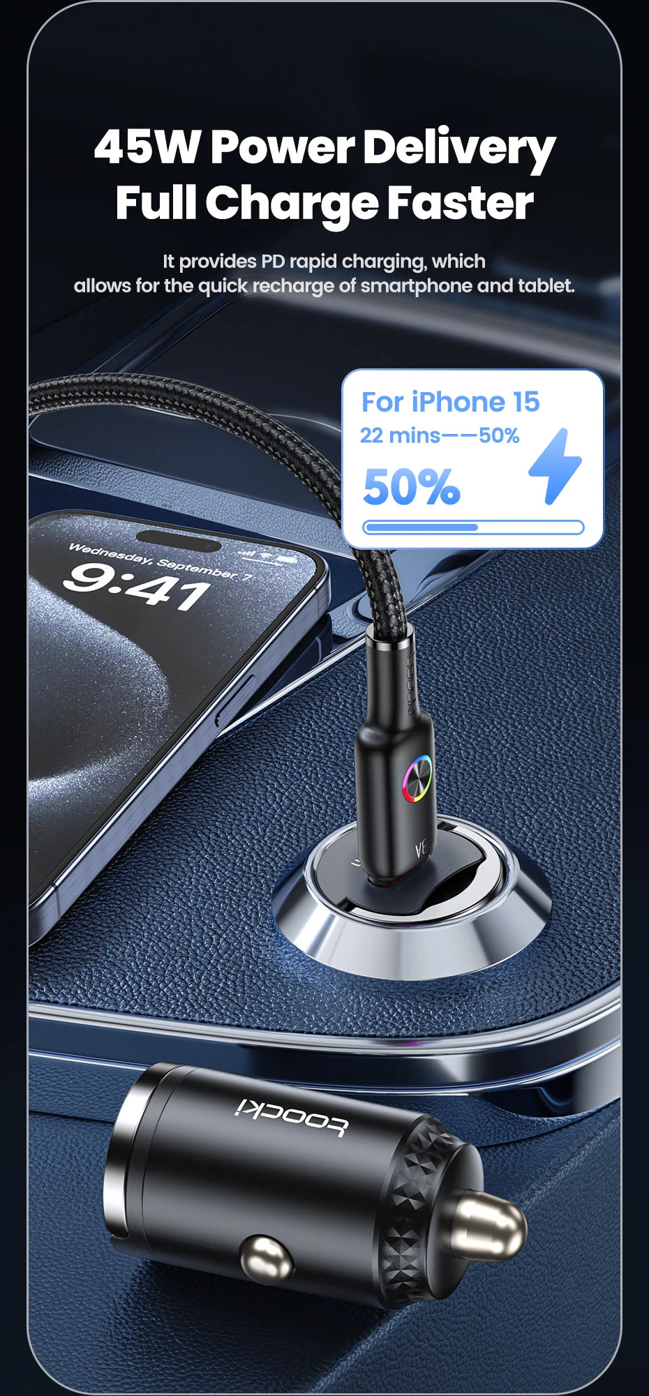 45W Dual USB A Type C Car Charger Metal Auto PD Charger Adapter Fast Charging USB C Charger For CellPhone in Car For iPhone 13