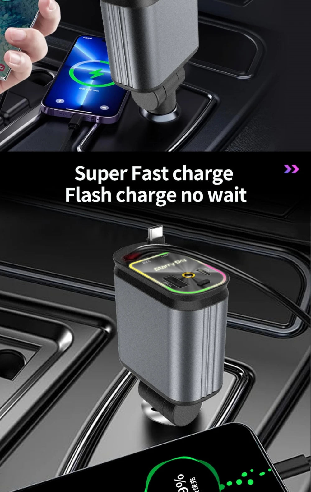 Super Fast Car Phone Charger, 100W Car Phone Charger with Retractable Cables USB and Type-C Port, 4 IN 1 Retractable Car Charger