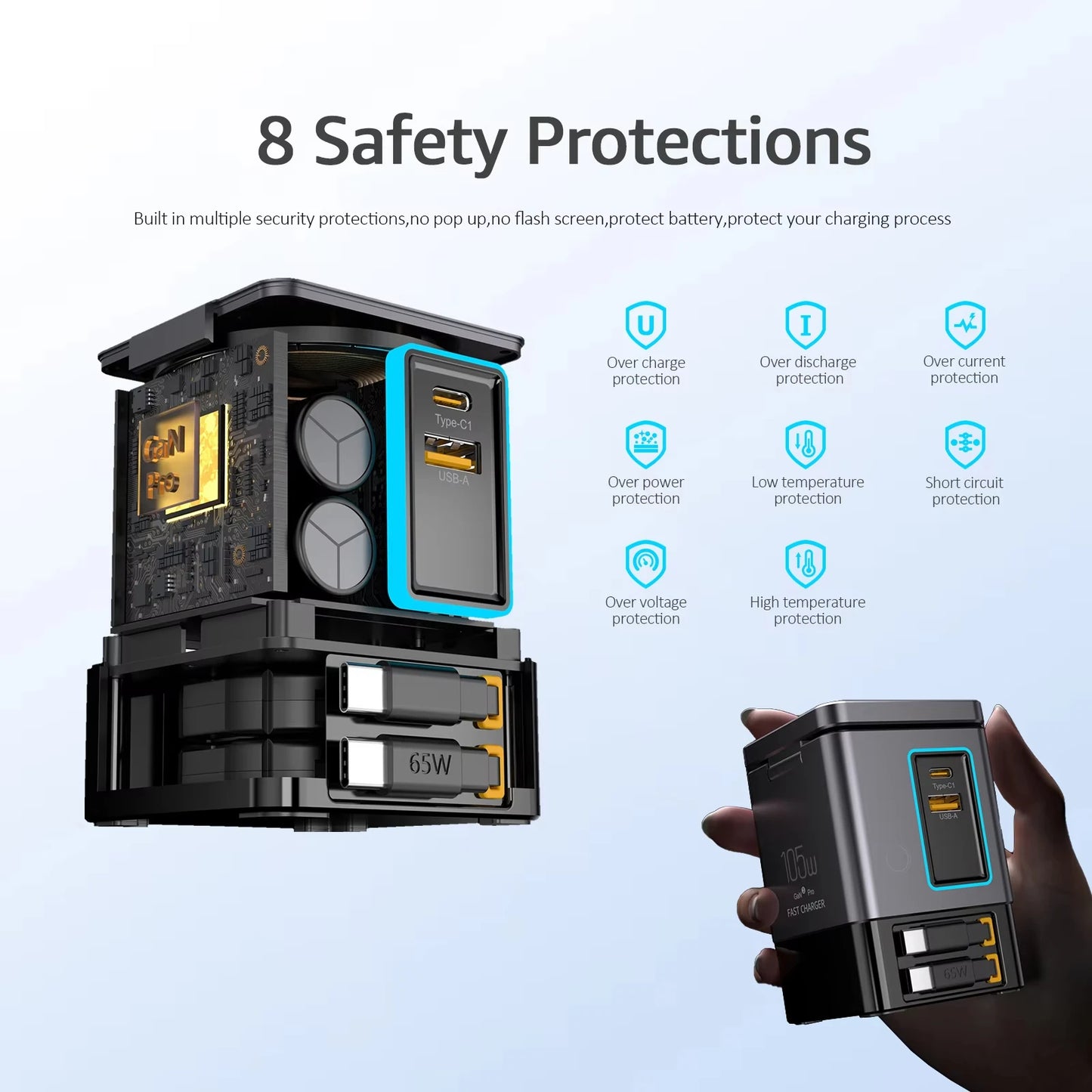 105W 6-in-1 Charging Station with Retractable USB-C Cable Power Combo Tower for Multiple Devices Fast Charger for iPhone, Airpod