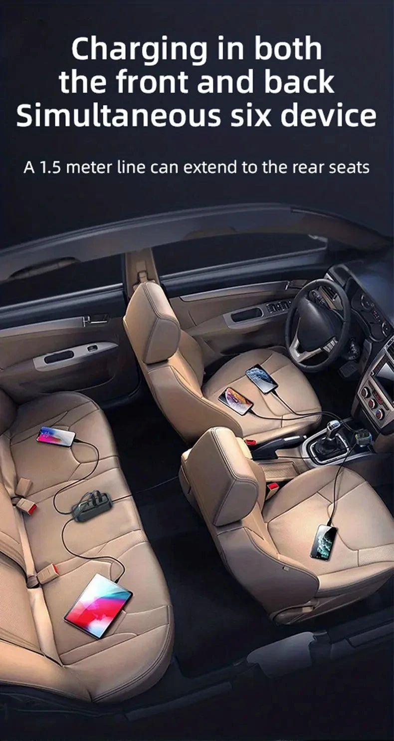 81W Fast Car Charger 6-Port Expansion Simultaneous Front and Rear Charging Type-C 2-USB 1.5m Extension Cable Anti-Slip Clamp