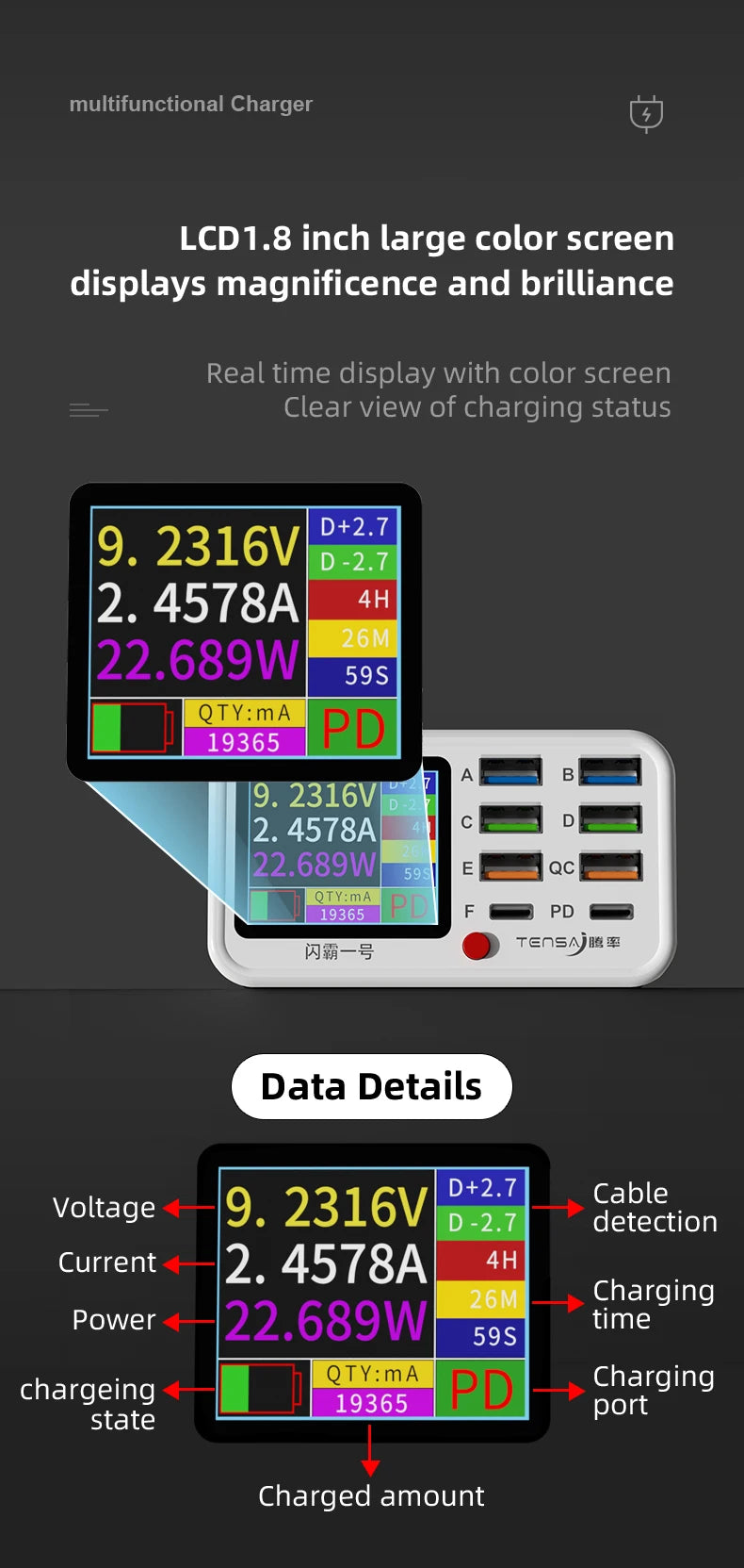 65W USB Type C Multi Function Charger Station Wireless Charing Fast 8 Ports PD QC3.0 Quick Charge Power Adapter for phone