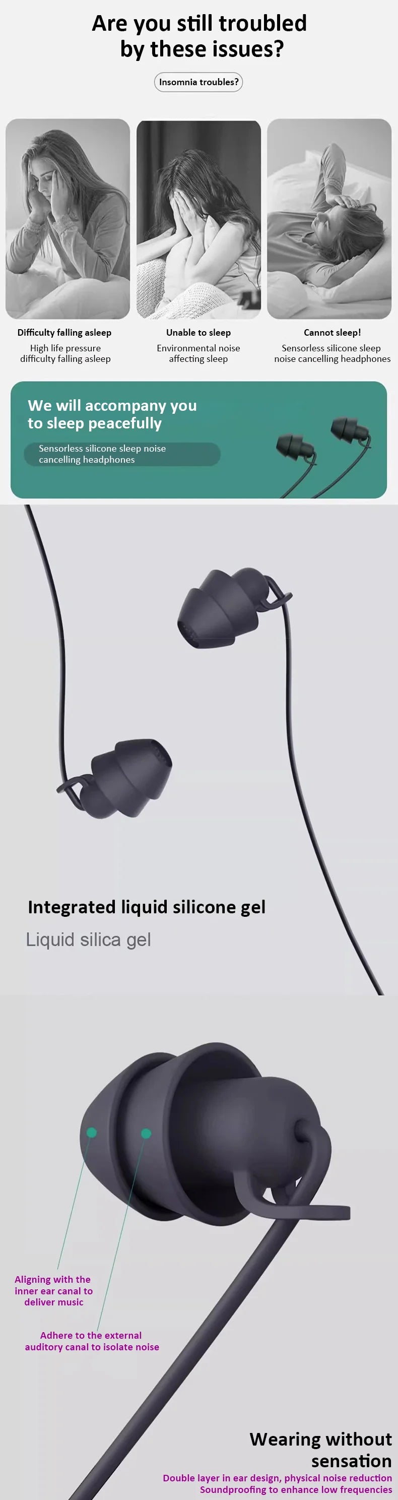 Wired Sleep Earphones 3.5mm-Pin In Ear Soft Headsets Noise Cancelling Wired Headphone with Mic Bass HiFi Stereo Silicone Earbuds