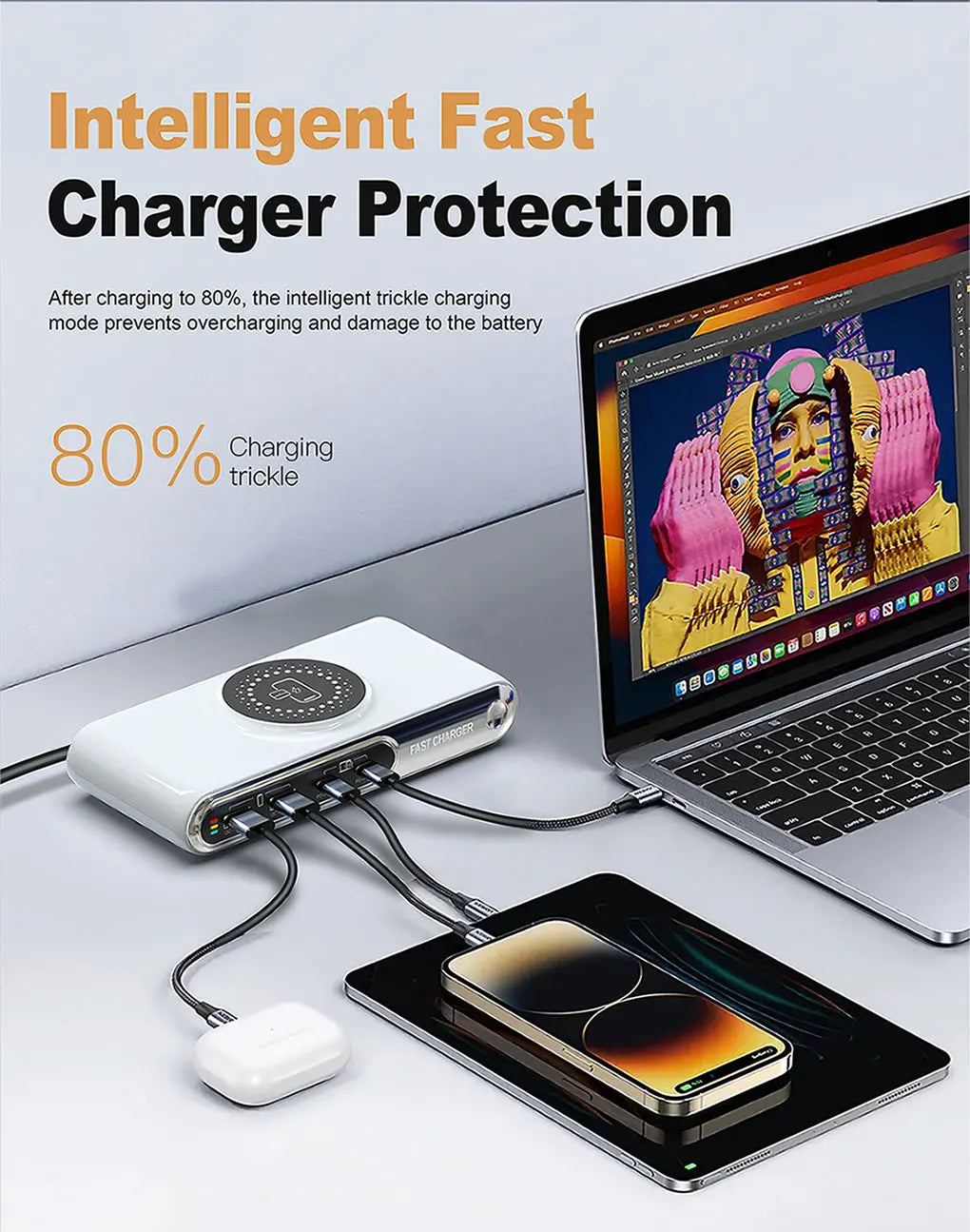 New 72W Multifunction Charger Wireless Charger 4-Port PD+QC USB Type-C Quick Charger Home Travel Office Convenient