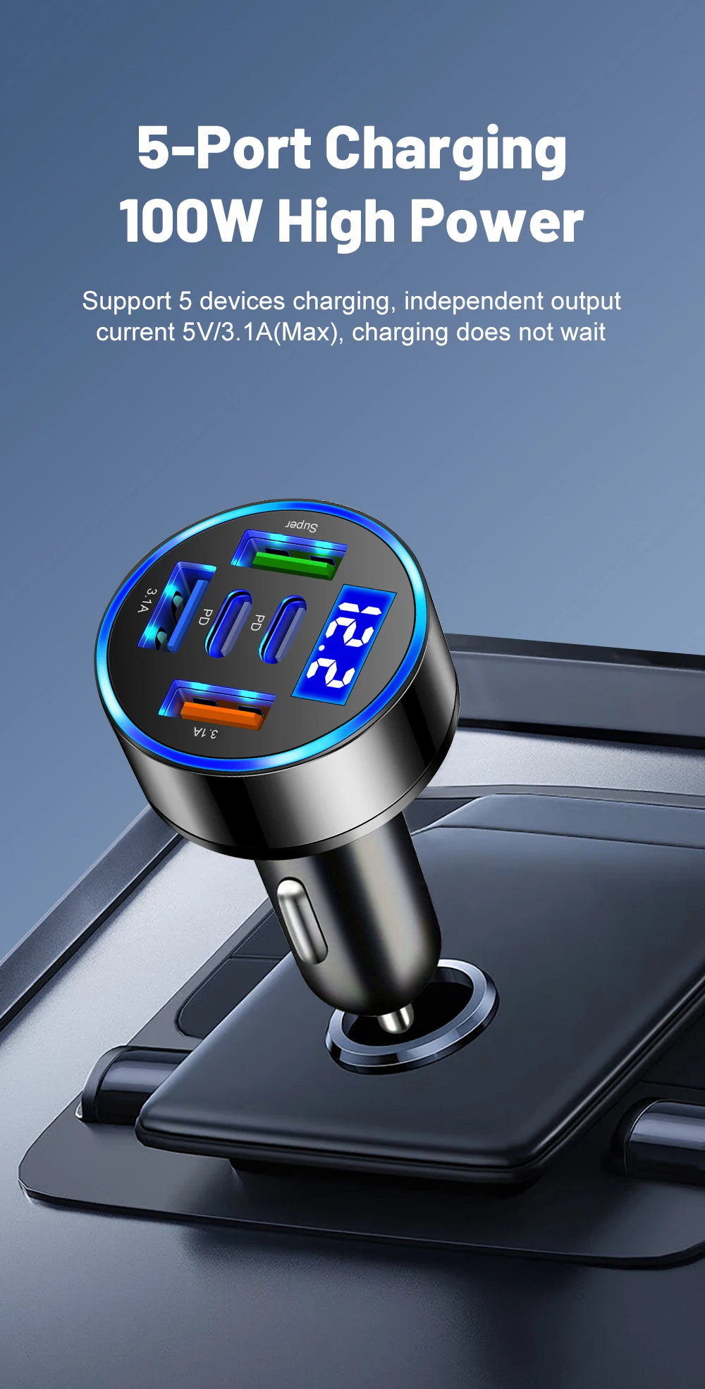 Car Charger 100W Support Super Fast Charging 5 in 1 Multi-port Voltage Car with Vehicle Digital Display Mobile Car Phone Adapter