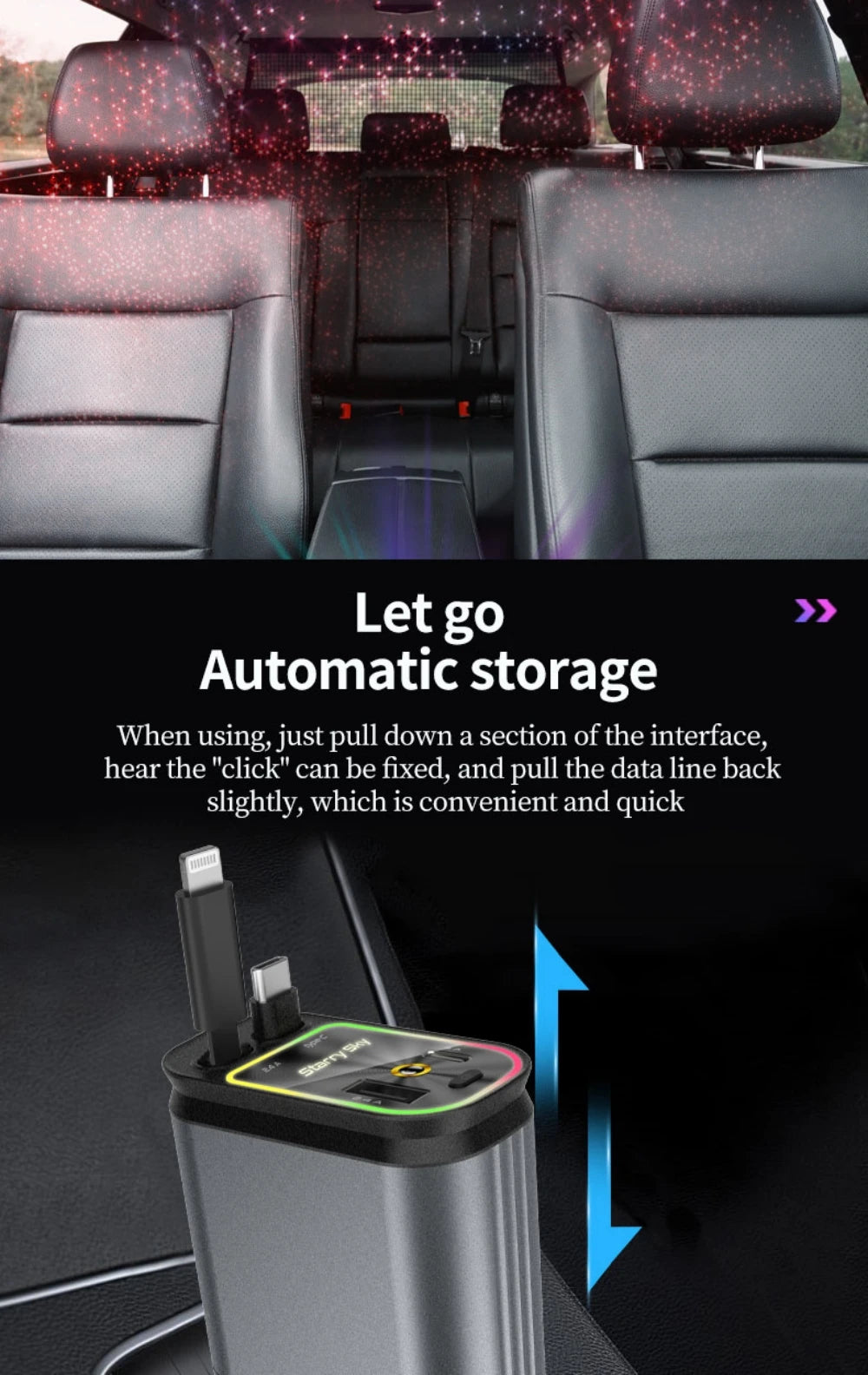 Super Fast Car Phone Charger, 100W Car Phone Charger with Retractable Cables USB and Type-C Port, 4 IN 1 Retractable Car Charger