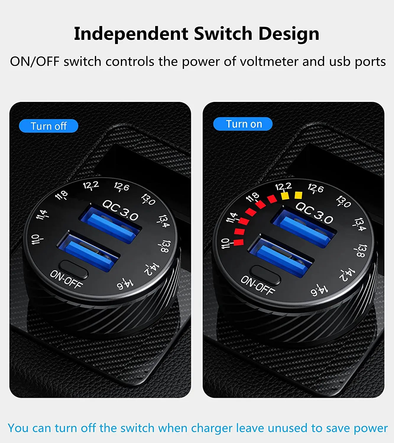 Car Charger 36W Fast Car Charger Adapter QC3.0 Dual USB Car Charger Fast Charge with Colorful Voltmeter ON/Off Switch For iPhone