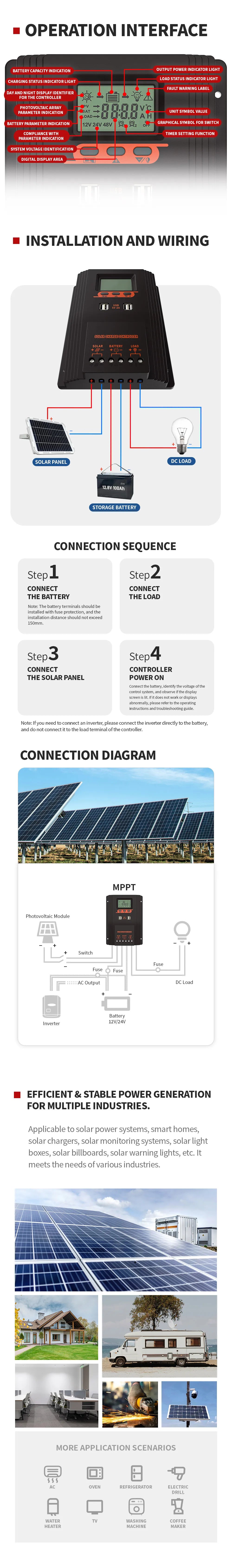 Solar Charger Controller 100A 80A 60A Solar Panel Regulator LCD Display Various Load Control Modes Support GEL Li-ion