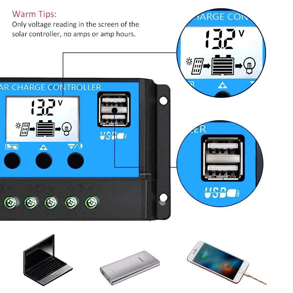 Solar Charge Controller 60A 12V/24V Voltage Regulator Solar Panel Photovoltaic Home with PWM Solar Charger LCD Display Dual USB