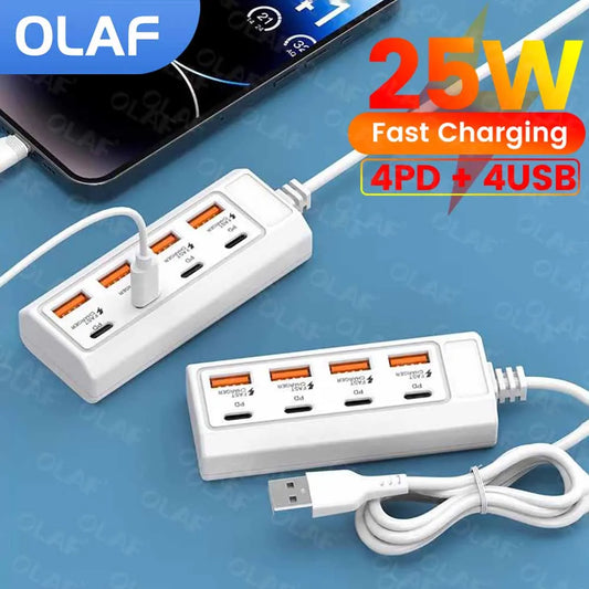 Multiport USB Charger Station 8 in 1 Power Strip Desktop Charging Station USB Electrical Socket Adapter PD Type C HUB Charger