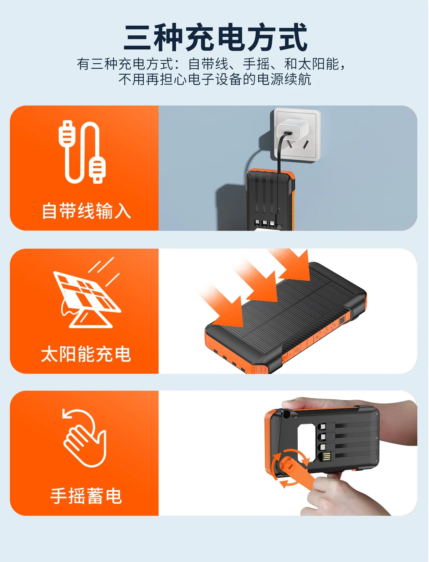 Hand-cranked Solar Power Bank with Four Cables21000mAh Large Capacity Fast Charging Outdoor Emergency Power Bank