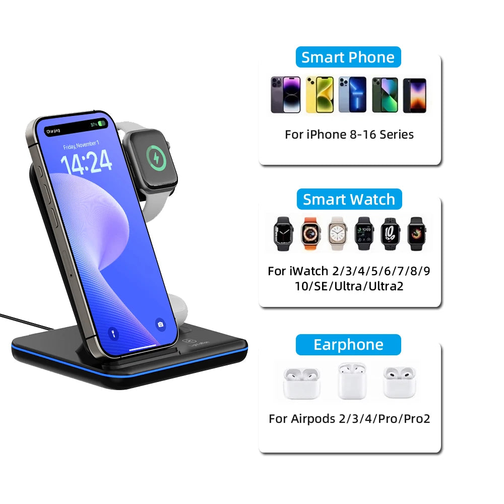 Wireless Charger Stand 3in1 Fast Charging With Led Lamp For iWatch 10 9 8 7 6 5 iPhone 16 15 14 13 12 11 X Airpods 4 3 Pro