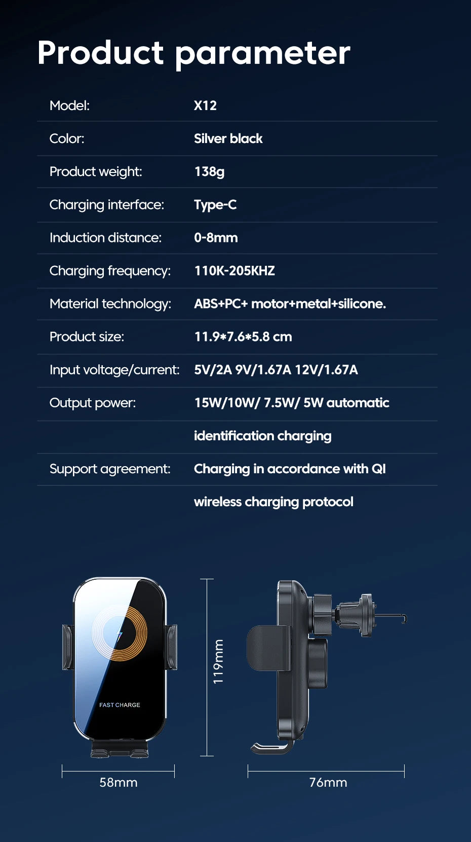 Auto Clamping Wireless Car Charger 15W Fast Charging Car Charger Phone Mount Phone Holder for iPhone 16 15 14 13 12 11 Pro Max