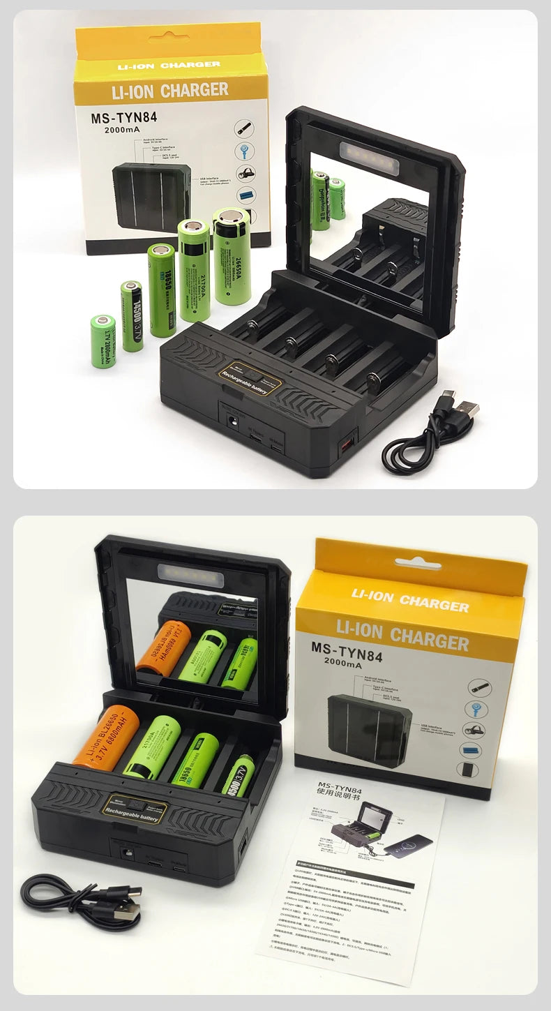 Solar Power Generation Solar Lithium Battery Smart Charger Type-C USB Four-Slot for 3.7V 18650/26650/21700/14500 Batteries