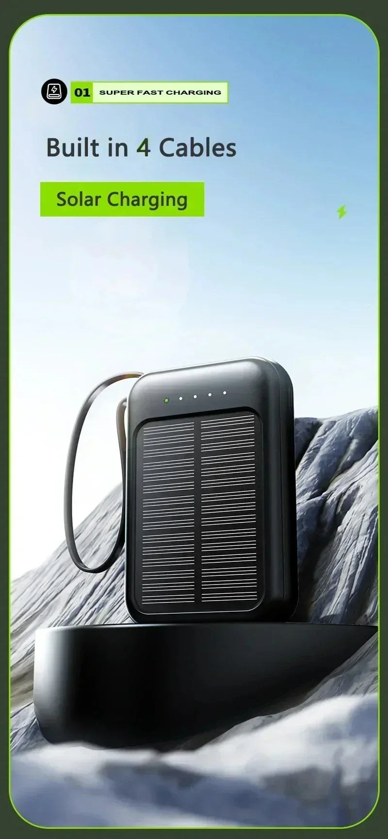 Solar Power Bank 20000mah Built-in Cable Solar Charger 2 USB Ports External Charger Power Bank with LED Light power bank New