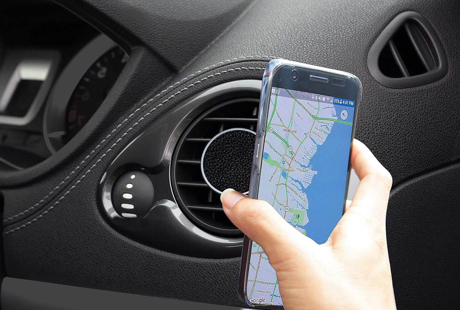 Universal Magnetic Air Vent Mount Ultra-Compact Leather Luxury Series Compatible with Iphone X/10/8/7/6 S8/S7/S6 Ios/Android Smartphone Car Cell Phone Mount Snap Technology CHARCOAL/LEATHER