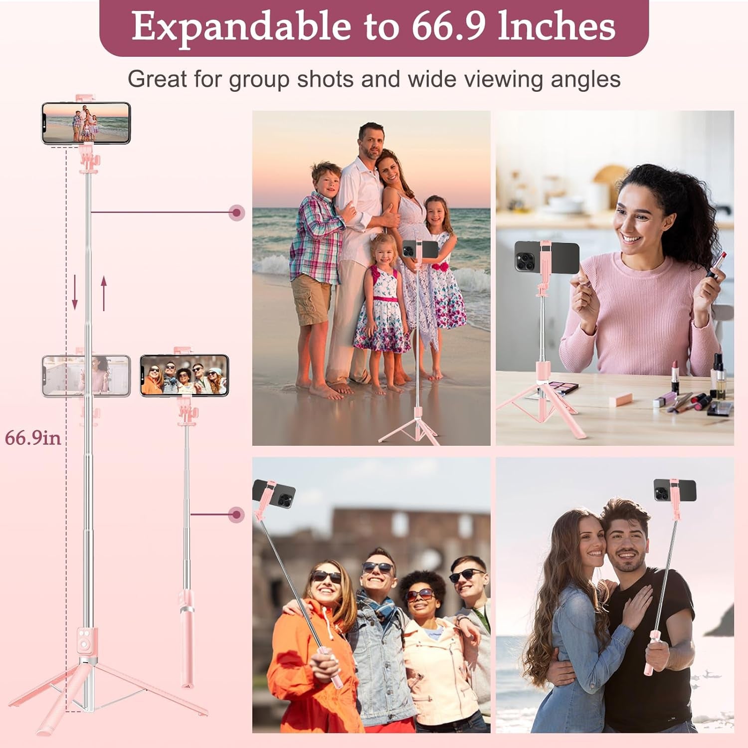 Selfie Stick Tripod with Fill Light, Phone Selfie Stick,Durable Stainless Steel Design,Bluetooth Remote Control,And Stable Three-Legged Support for Live Broadcasts,Video Shooting (Pink)