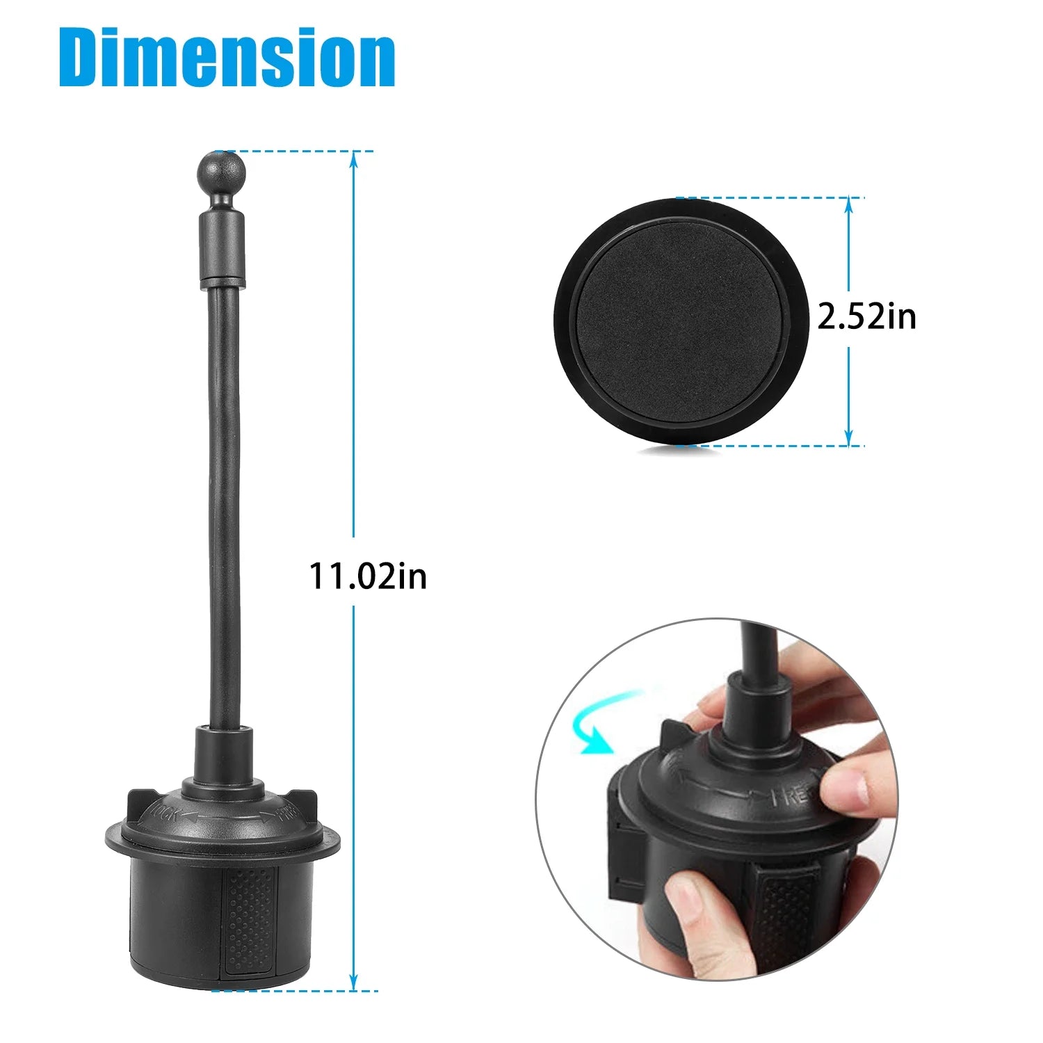 Universal Cup Holder Cell Phone Car Mount with Long Adjustable Arm and Rotatable Cradle with Quick Release Button - Black