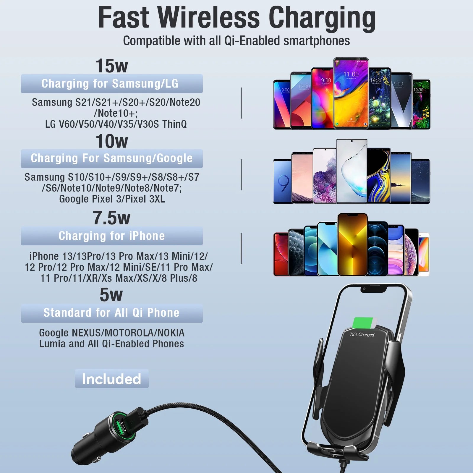 R2 Fast Wireless Charging Air Vent Iphone Samsung Car Mounts with Type-C Cable