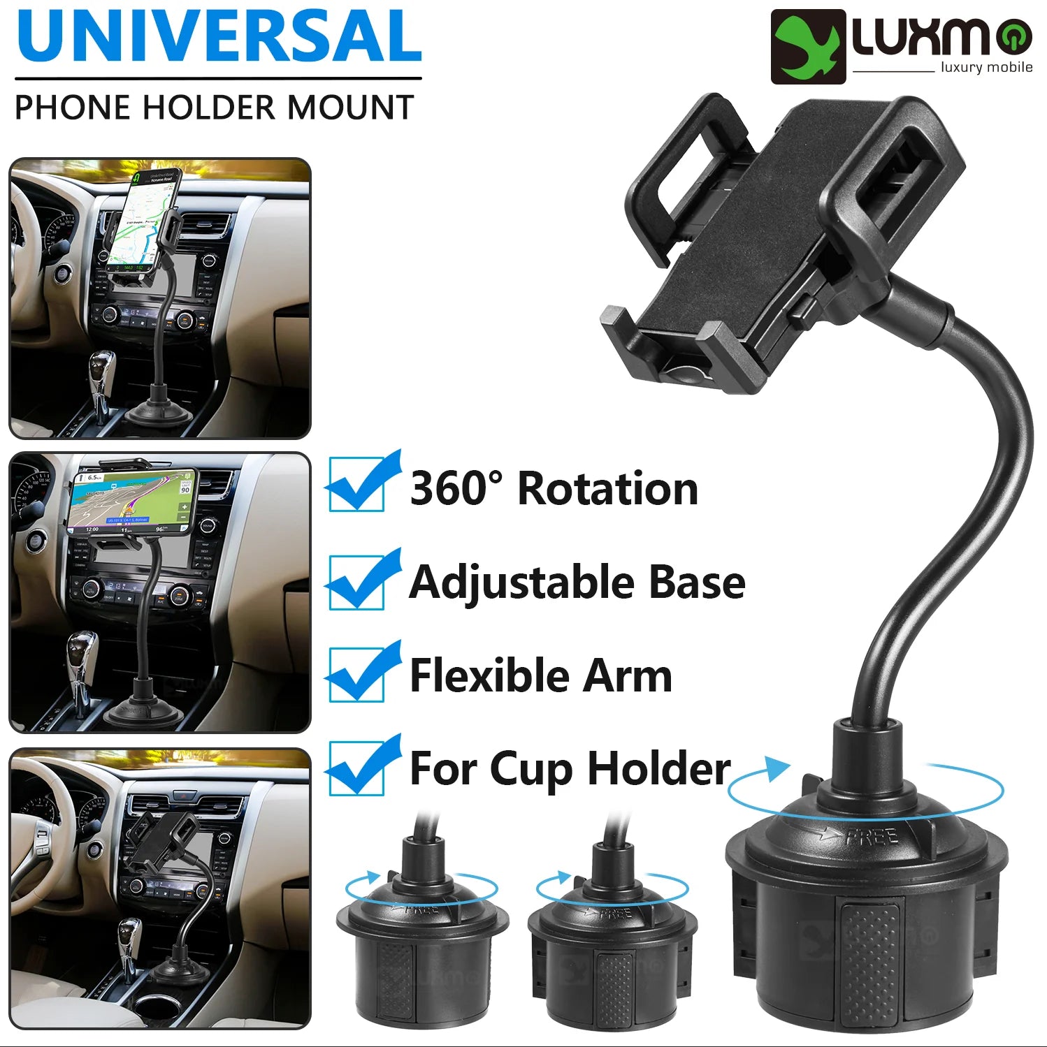 Universal Cup Holder Cell Phone Car Mount with Long Adjustable Arm and Rotatable Cradle with Quick Release Button - Black