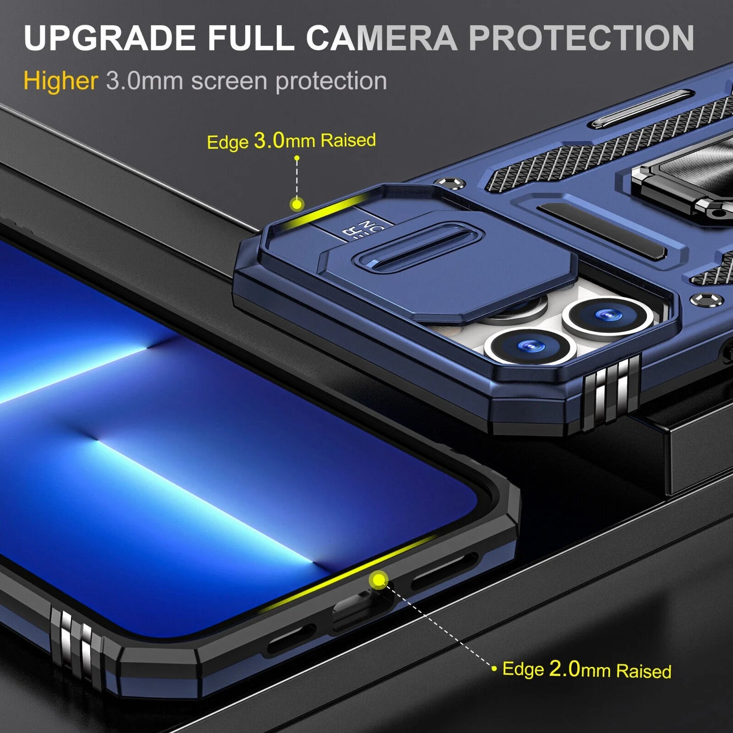 Magnetic Kickstand Protective Cell Phone Case with Camera Cover for Apple Iphone 13/14, Blue