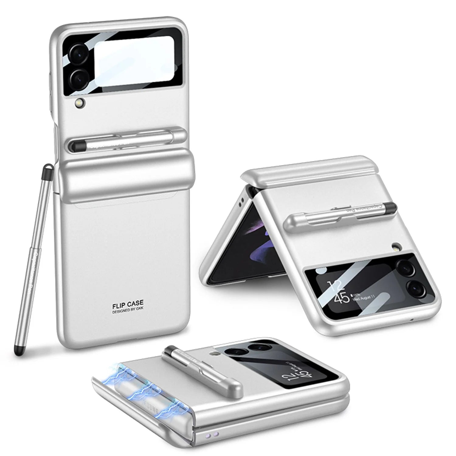 Case Compatible with Samsung Galaxy Z Flip 4 with Camera Protector S Pen Full Protective Case with Magnetic Hinge-White