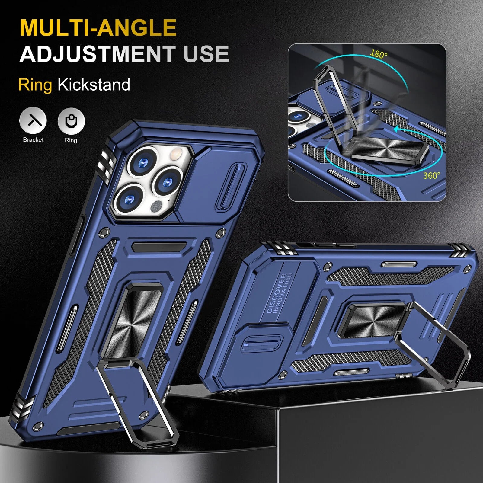 Magnetic Kickstand Protective Cell Phone Case with Camera Cover for Apple Iphone 13/14, Blue