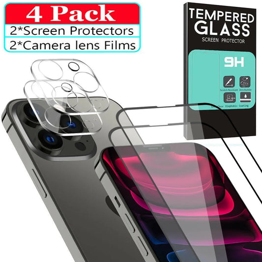 Iphone 13 Screen Protector Tempered Glass (2-Pack) + Camera Lens Protector (2-Pack),9H Black