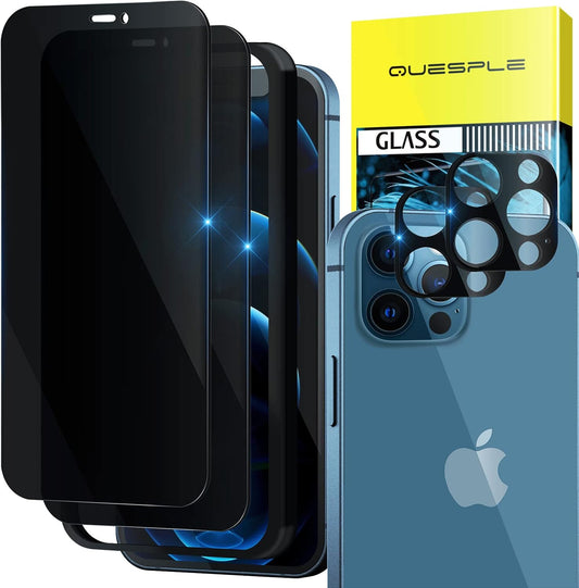 2+2 Pack [Full Coverage] for Iphone 12 Pro Max Privacy Screen Protector + Camera Lens Protector, 9H Hardness Anti-Spy Tempered Glass with Zero Bubble, 0.33Mm High Sensitivity, Case Friendly