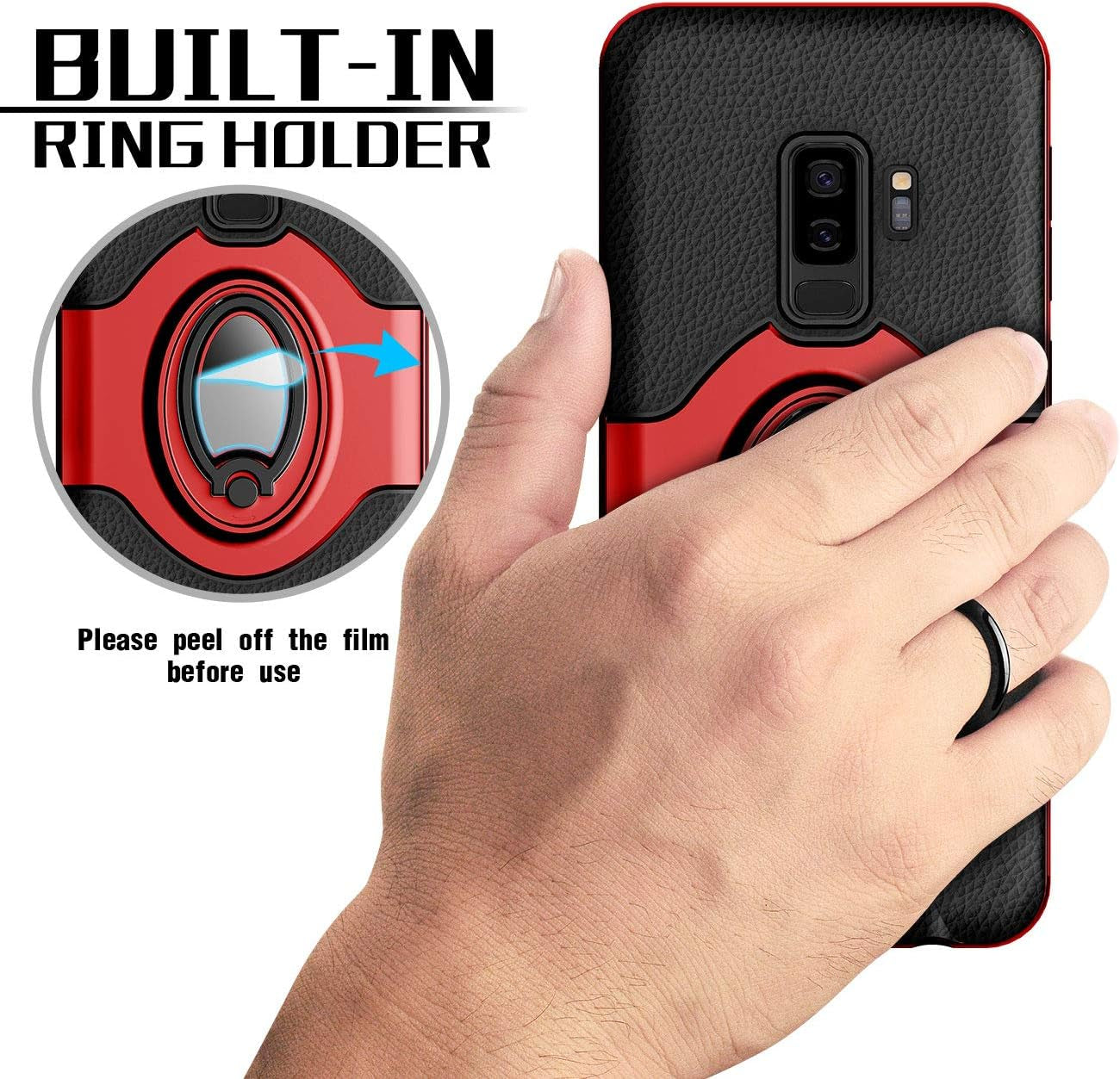 Samsung Galaxy S9 plus Case Ring Holder Kickstand Cases + Dashboard Magnetic Phone Car Mount [Red]