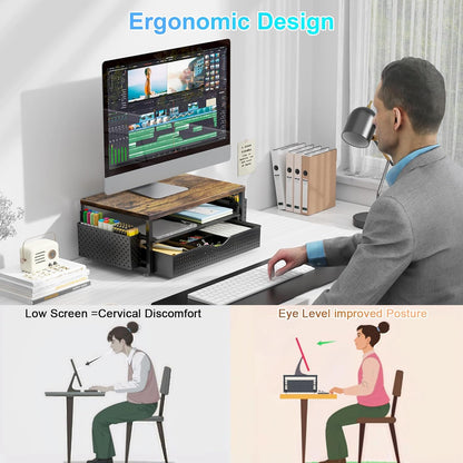 Wood Monitor Stand Riser, Office Desk Shelf Organizer, Desk Organizer with Drawer and Pen Holder, 2-Tier Computer Stand, Office Organization (Wood)