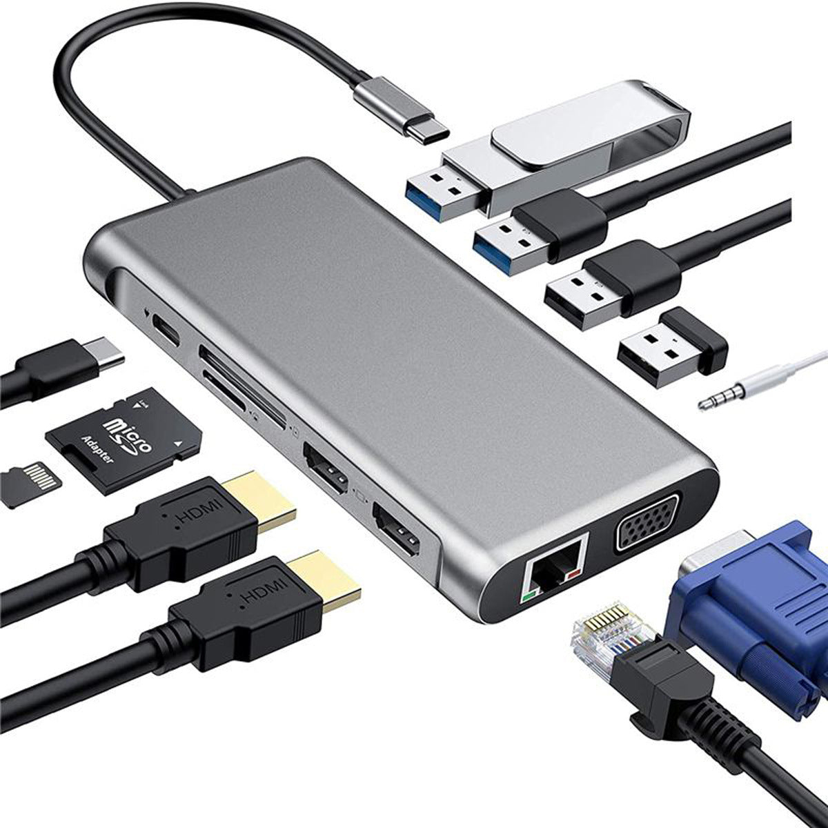 Silver multi-port adapter with USB, HDMI, VGA, Ethernet, SD card slots, and various cable connectors.