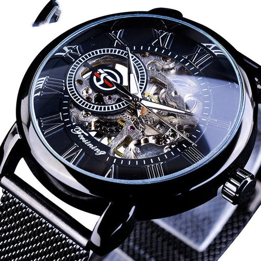 Black skeleton watch with Roman numerals, exposed gears, and mesh band on a reflective surface.