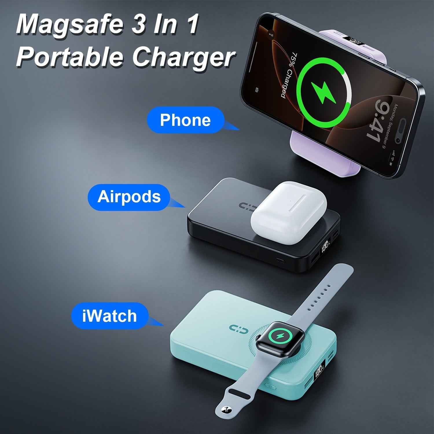 3-in-1 10000mAh MagSafe Fast Charging Power Bank