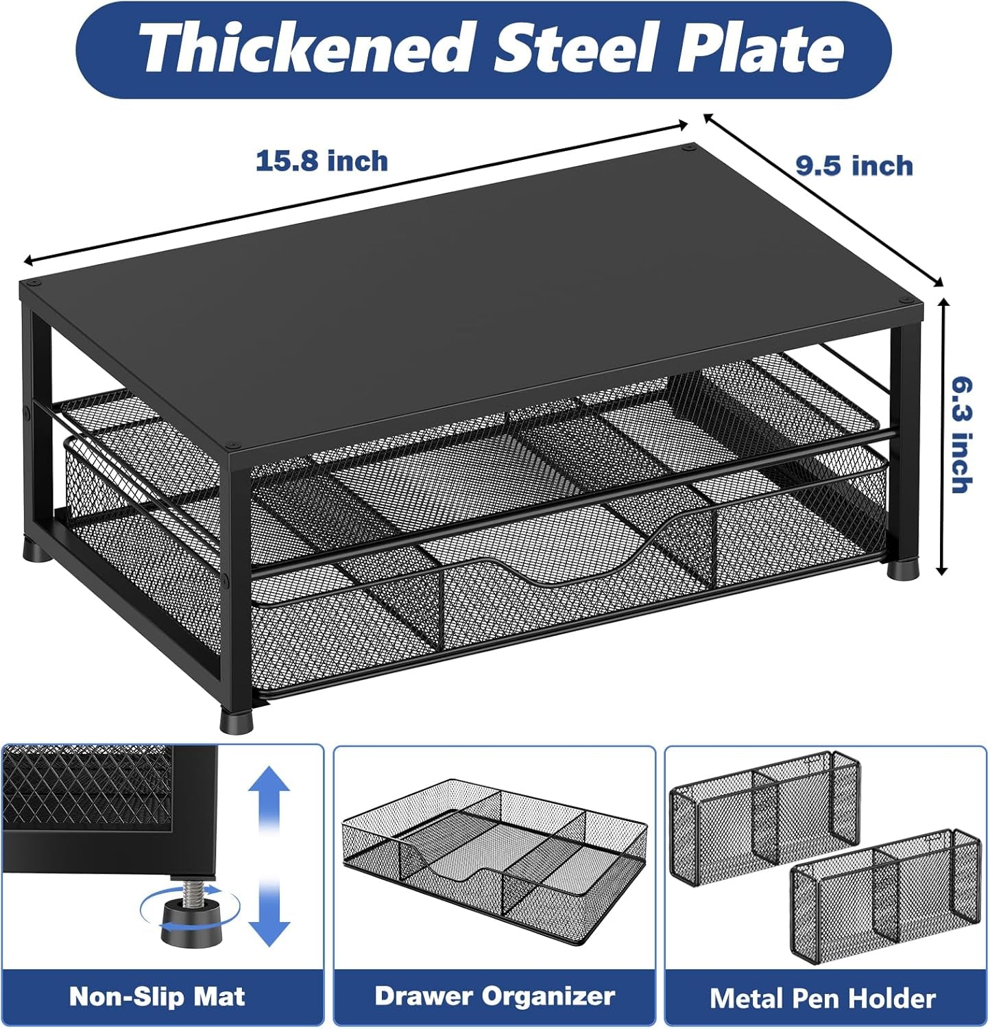 Desk Organizer and Accessories, 2-Tier Computer Monitor Stand Riser with Drawer and 2 Pen Holders, Laptop Stand, Office Desk Accessories for Office Supplies, Black