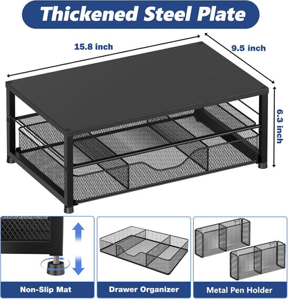 Desk Organizer and Accessories, 2-Tier Computer Monitor Stand Riser with Drawer and 2 Pen Holders, Laptop Stand, Office Desk Accessories for Office Supplies, Black