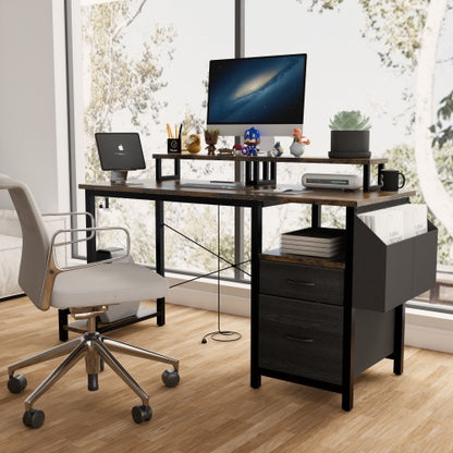 Computer Desk With Drawer And Power Outlets, 47 Office Desk With 2 Monitor Stands And Fabric File Cabinet, Writing Gaming Table With Shelves And Hooks For Home Office, Rustic Brown