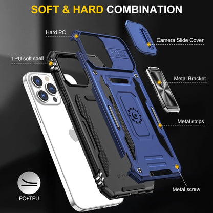 Magnetic Kickstand Protective Cell Phone Case with Camera Cover for Apple Iphone 13/14, Blue