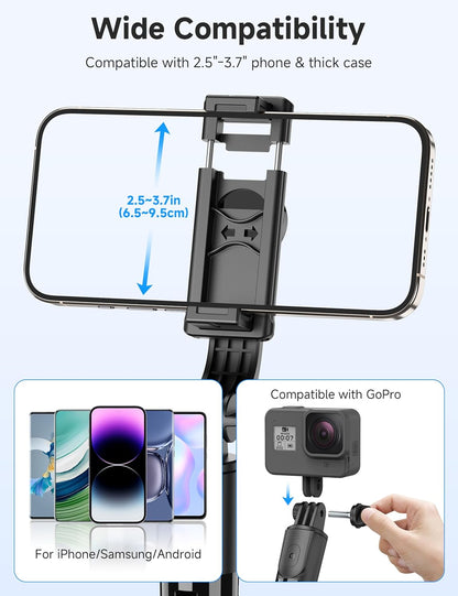 Portable Selfie Stick, 4 in 1 Extendable Phone Tripod Stand with Detachable Wireless Remote & Phone Holder 360° Rotating Mini Travel Tripod Compatible with Iphone 16/15/14/13 Pro/Android/Gopro