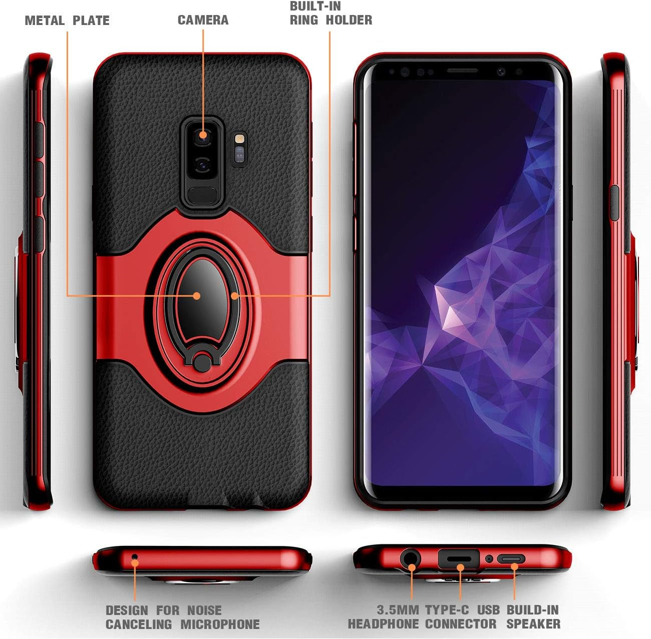 Samsung Galaxy S9 plus Case Ring Holder Kickstand Cases + Dashboard Magnetic Phone Car Mount [Red]