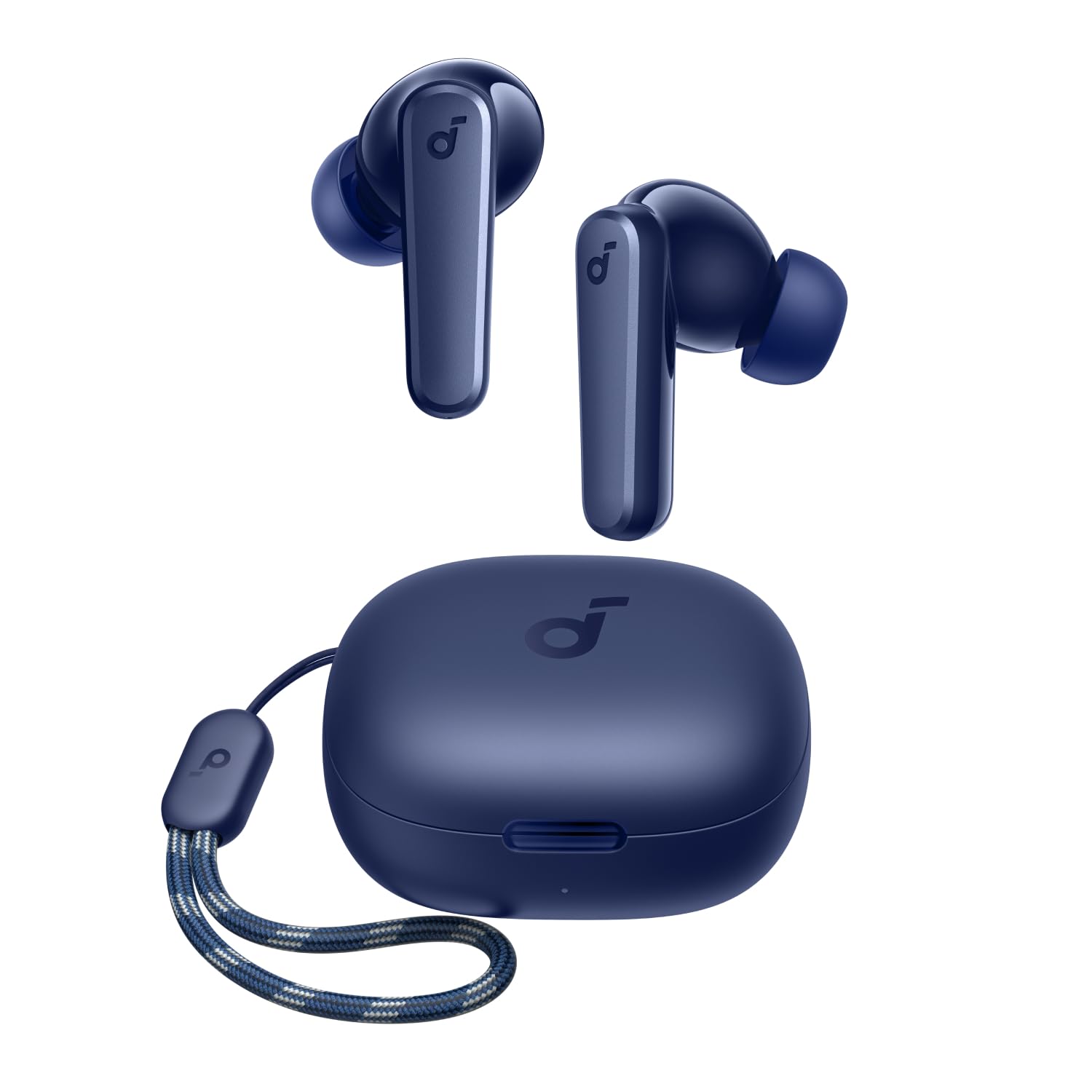 Dark blue wireless earbuds with a matching charging case and a looped strap attached.