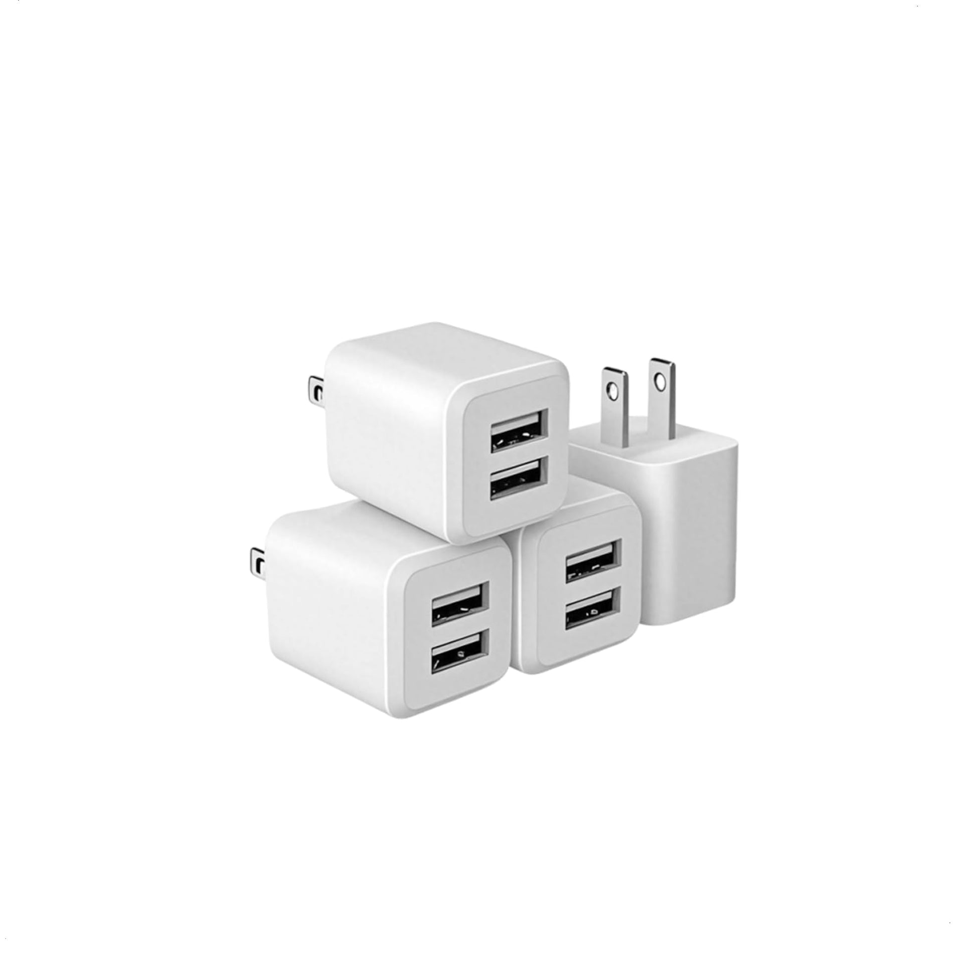 Four white USB wall chargers with dual ports, stacked in a pyramid formation.