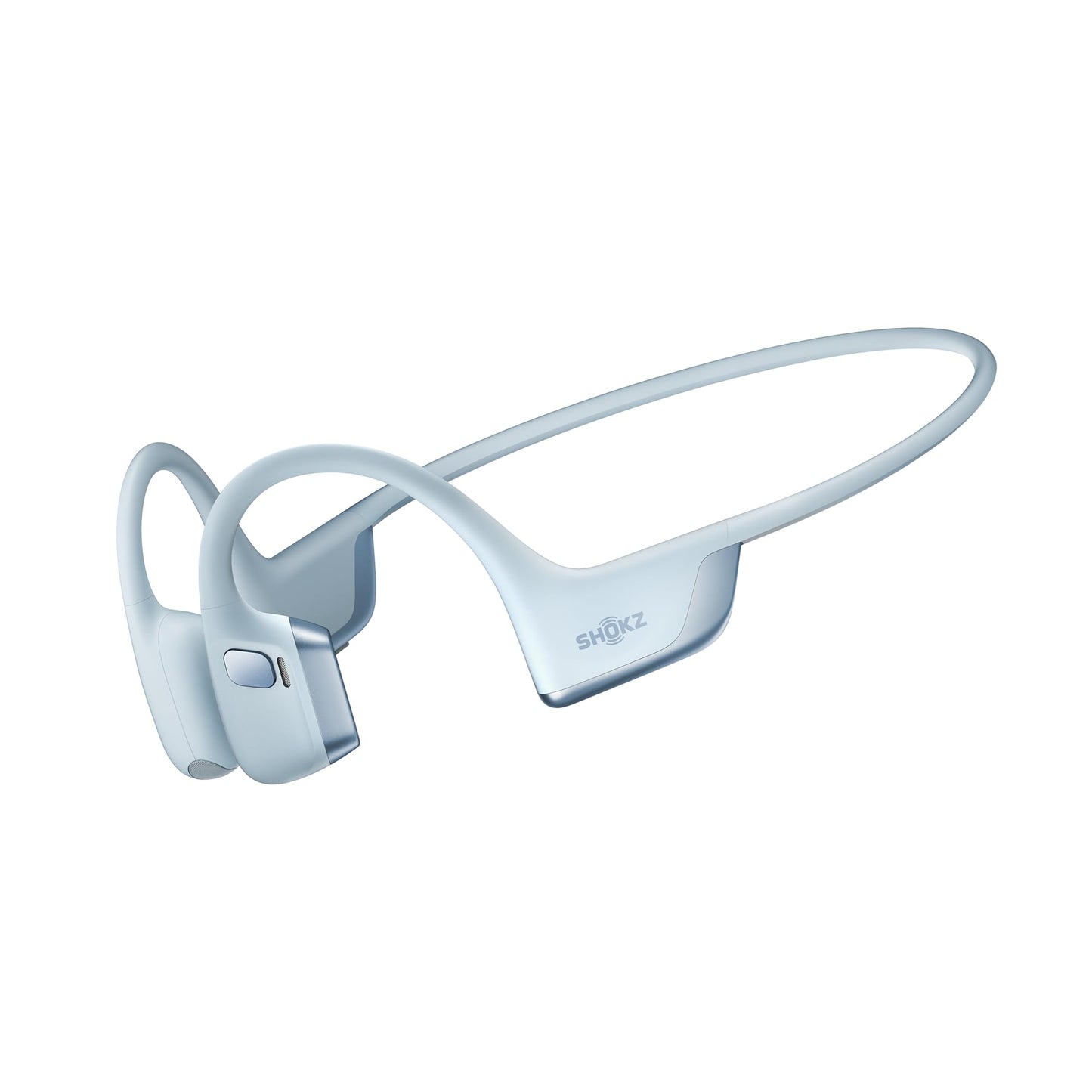 Light blue bone conduction headphones with a sleek, wraparound design and ear hook features.
